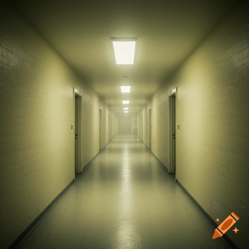 A long, dimly lit hallway with doors receding into a hazy distance, typical of a liminal space.