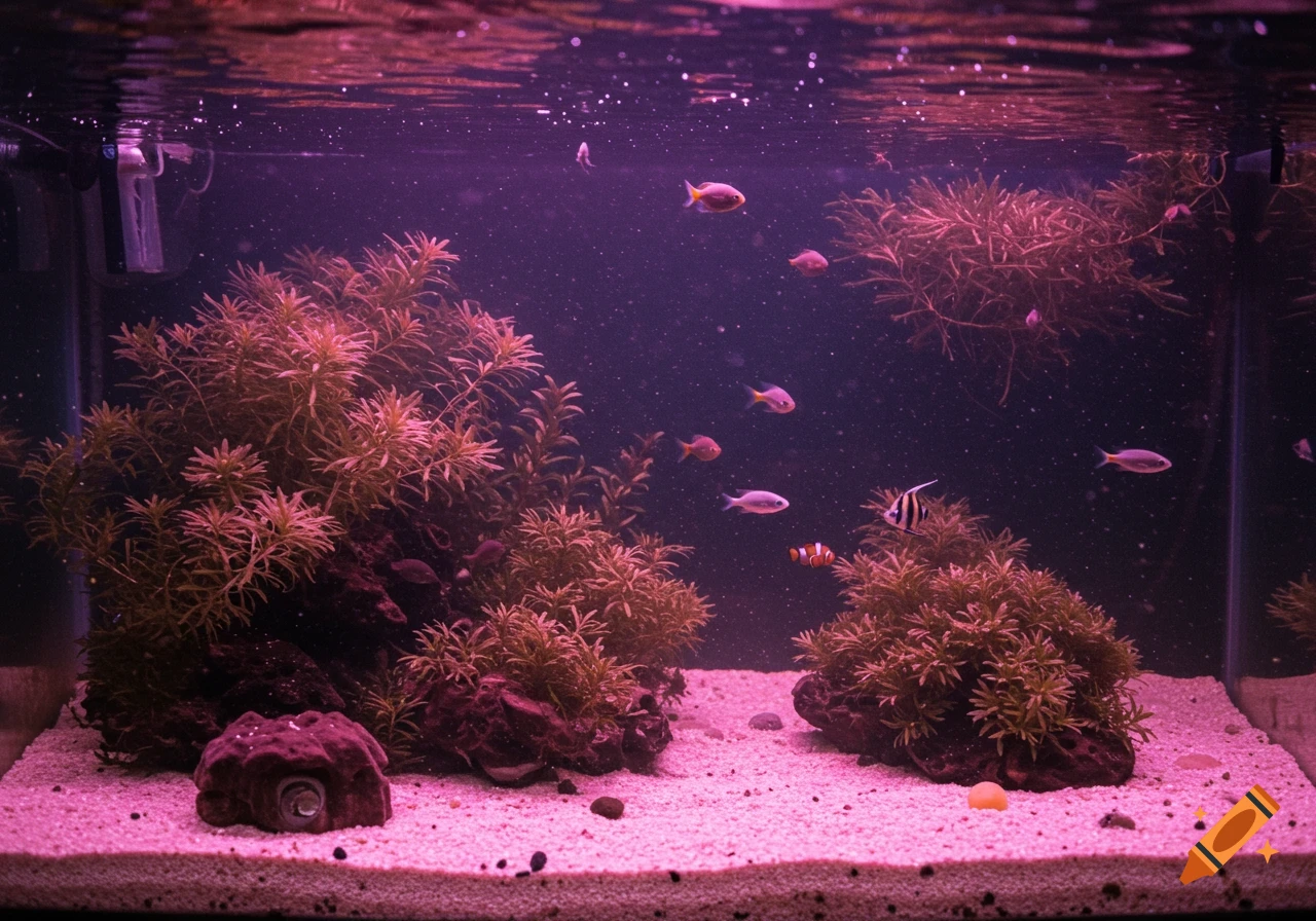 Pink and purple lit aquarium with sand, rocks, aquatic plants, and small fish swimming.