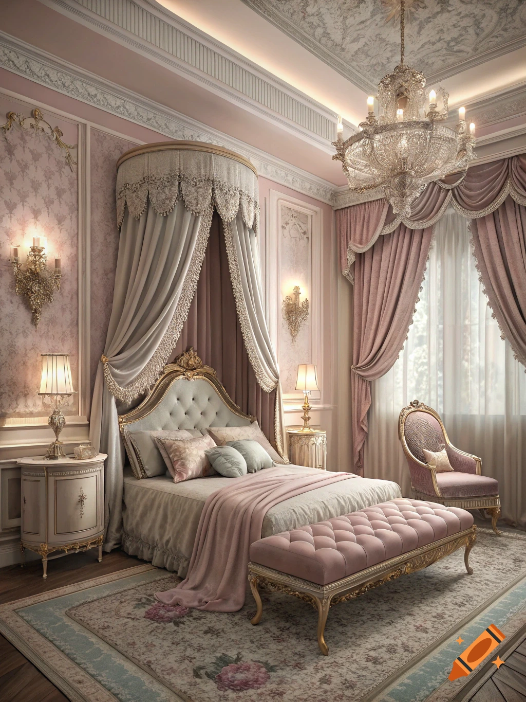 Glamorous pink bedroom with a large canopy bed, crystal chandelier, tufted bench, and ornate rug.
