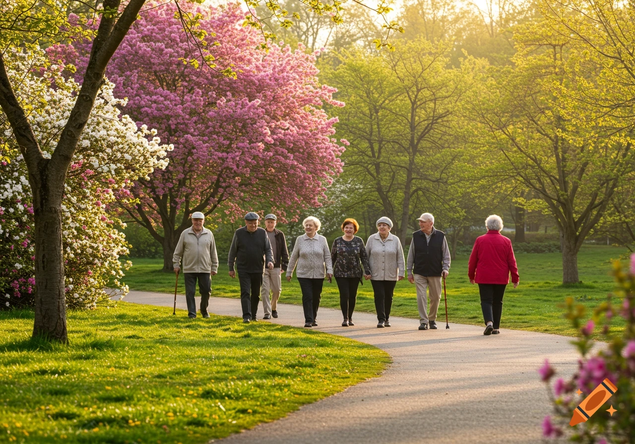 Elderly group walking on a path in a park with blooming trees during sunset