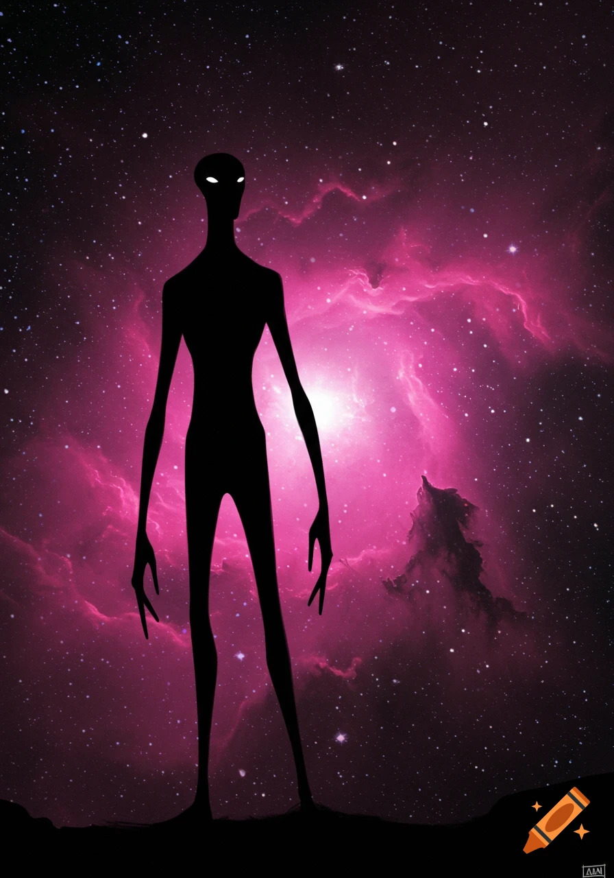 Silhouette of a tall figure with glowing eyes standing in space with a pink nebula behind it.