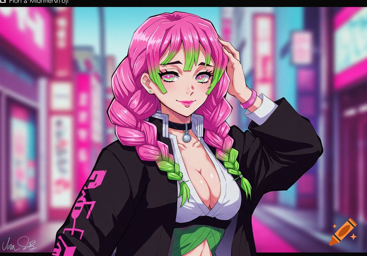 Anime character with pink and green hair in a city street