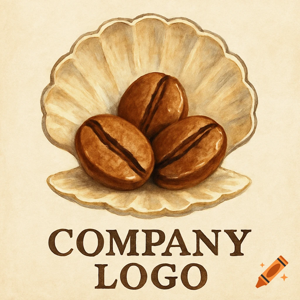 Watercolor illustration of three coffee beans in a clam shell with the text COMPANY LOGO