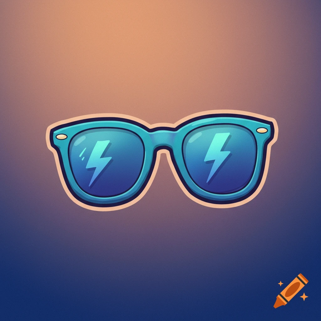 Cartoon sunglasses with blue lenses and lightning bolts on a gradient background
