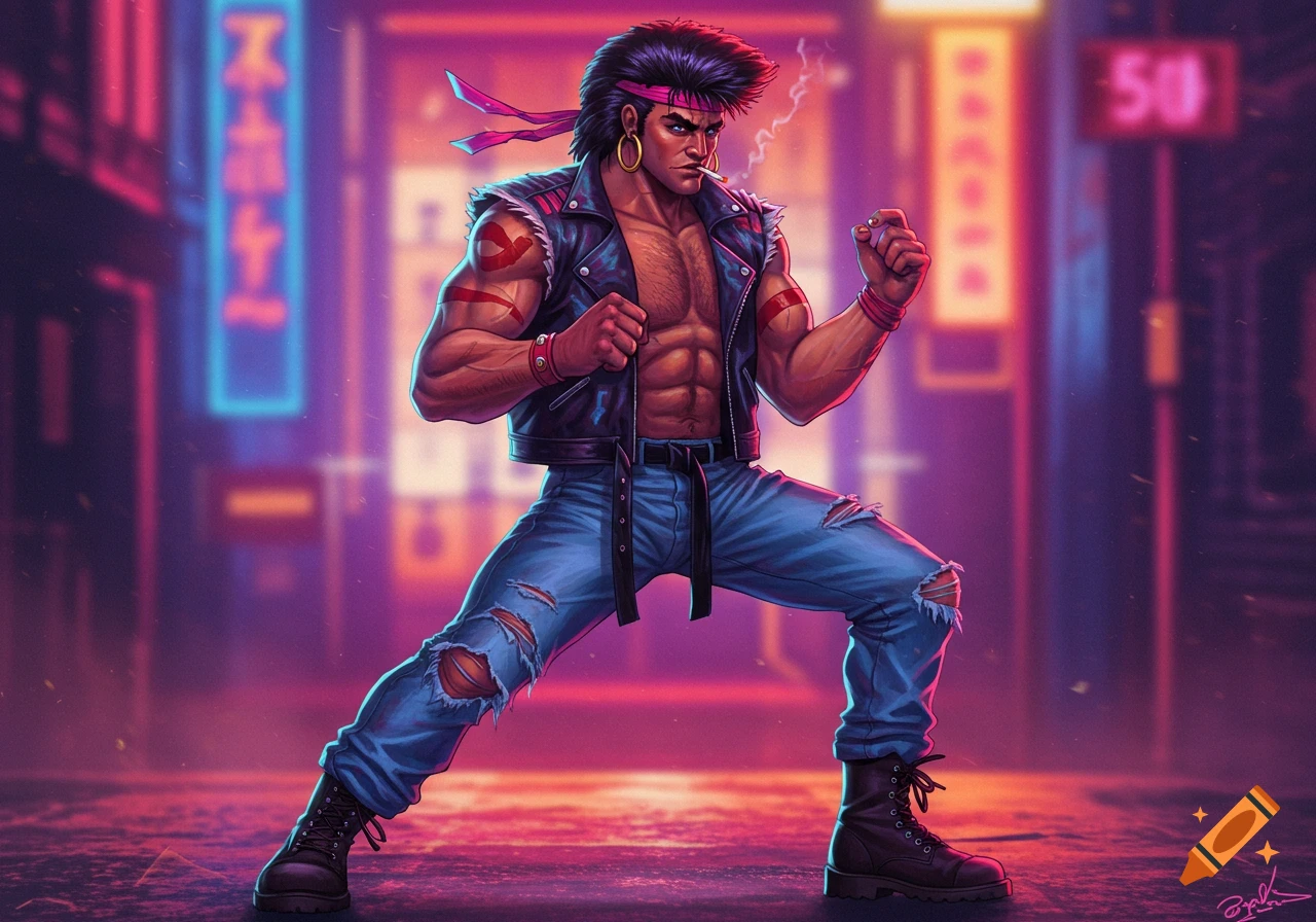 An 80s action hero in ripped jeans and a leather jacket strikes a karate pose in a neon city street.