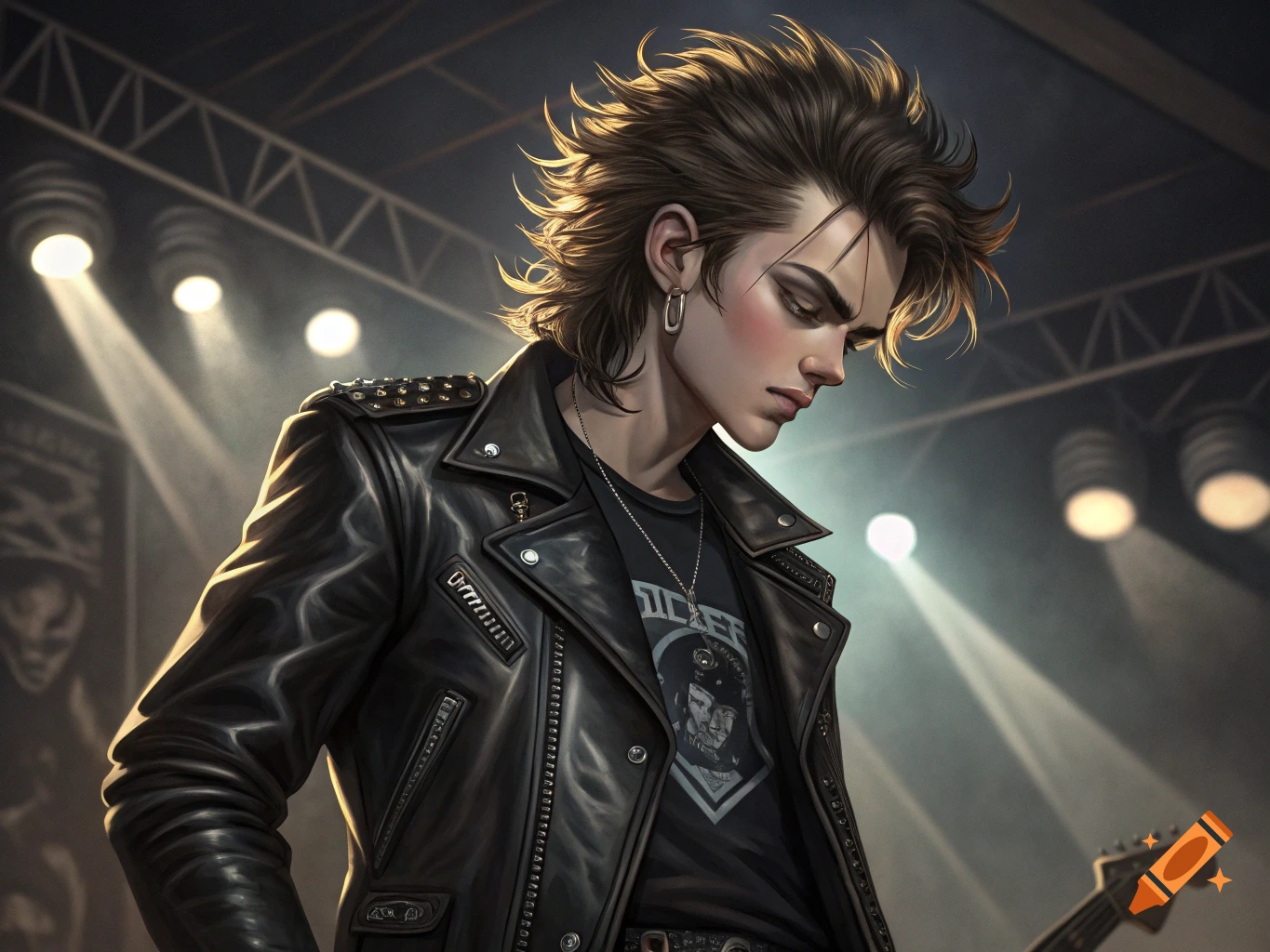 Young man in leather jacket with spiky hair on stage with spotlights