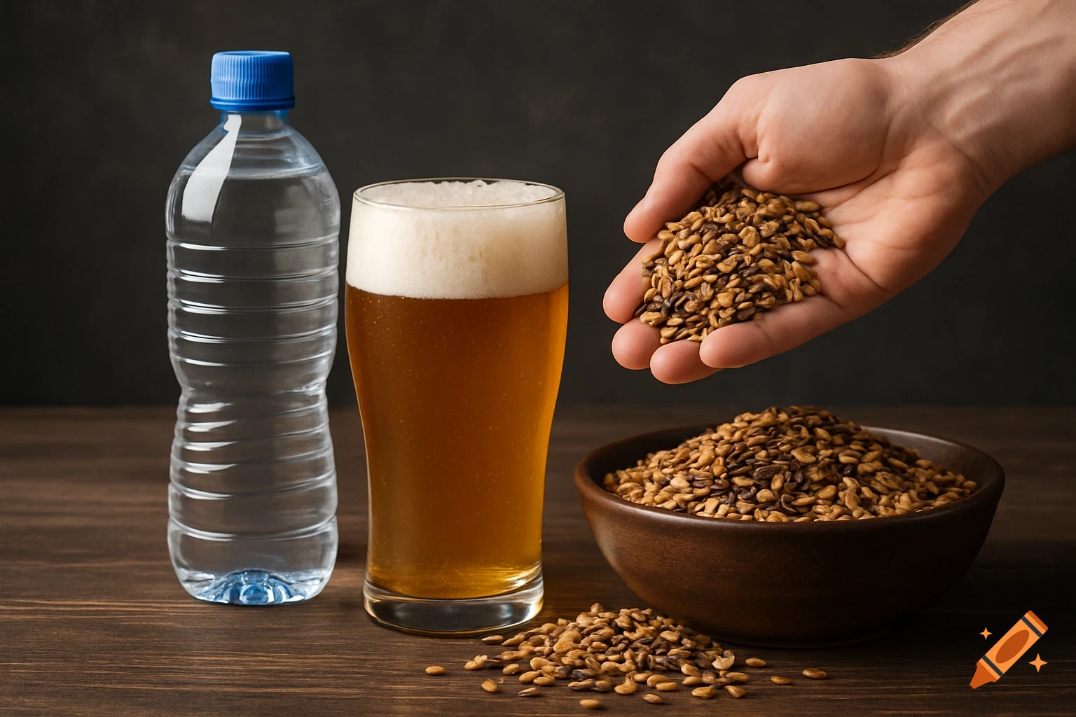 Hand holding grain over bowl, with beer glass and water bottle on wooden table