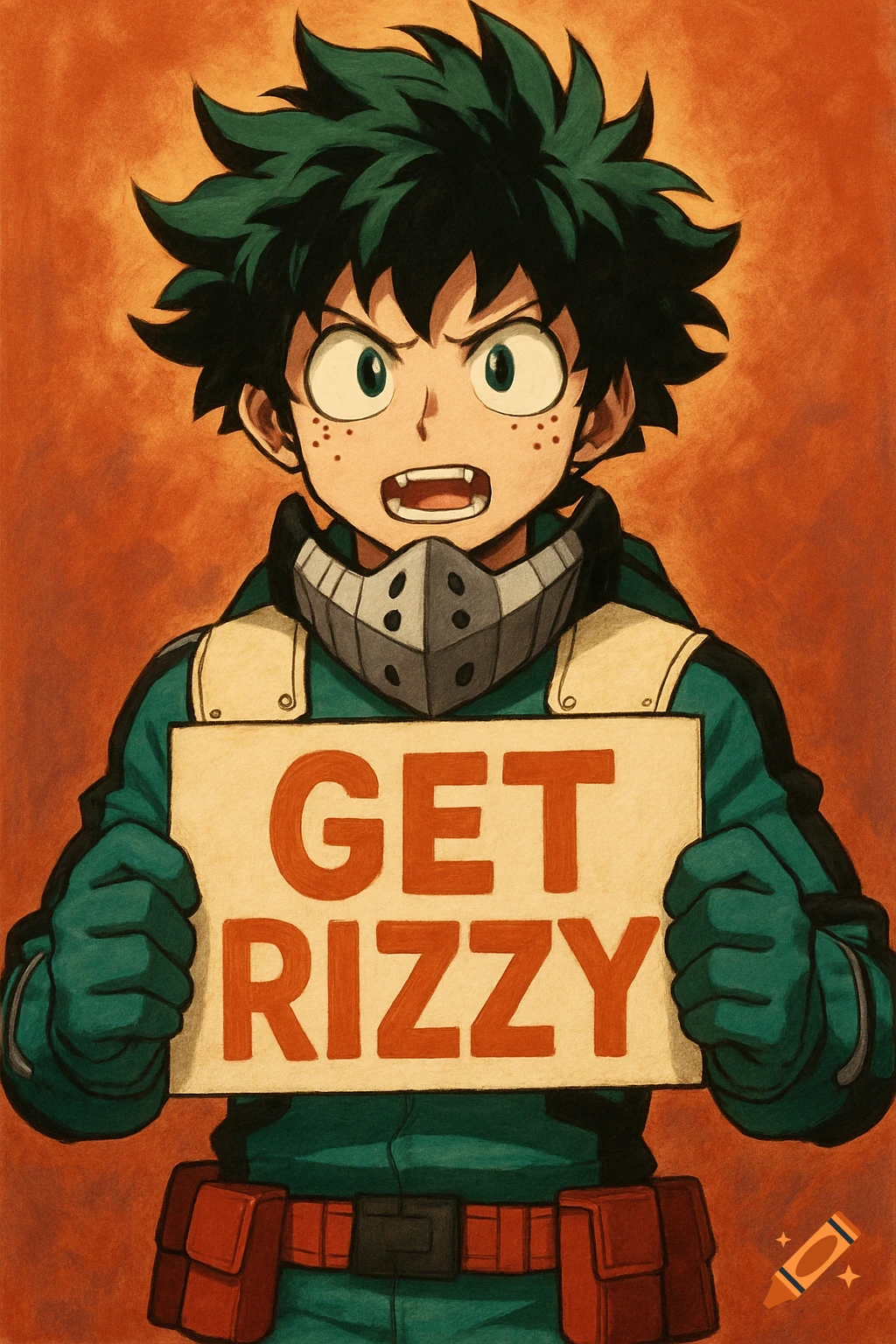 Anime illustration of Deku from My Hero Academia holding a sign that says GET RIZZY.