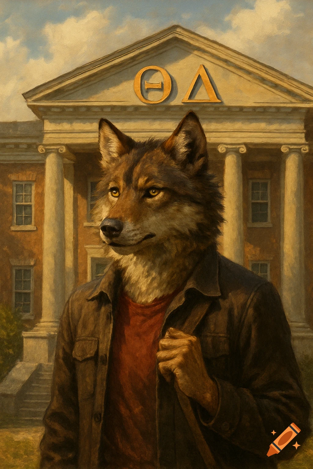 A painting of an anthropomorphic wolf wearing a shirt and jacket, standing in front of a classical college building with Greek letters on the facade.