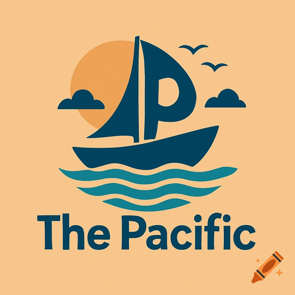 Graphic logo featuring a boat with a P sail, sun, waves, and birds, with text 'The Pacific' below, on an orange background.