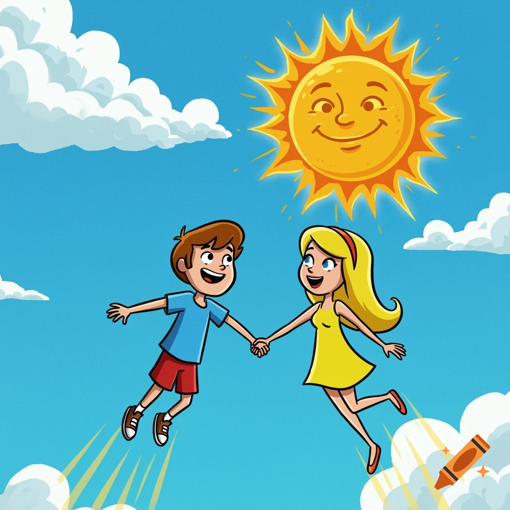 Cartoon of a boy and girl holding hands, flying in the sky towards a smiling sun.