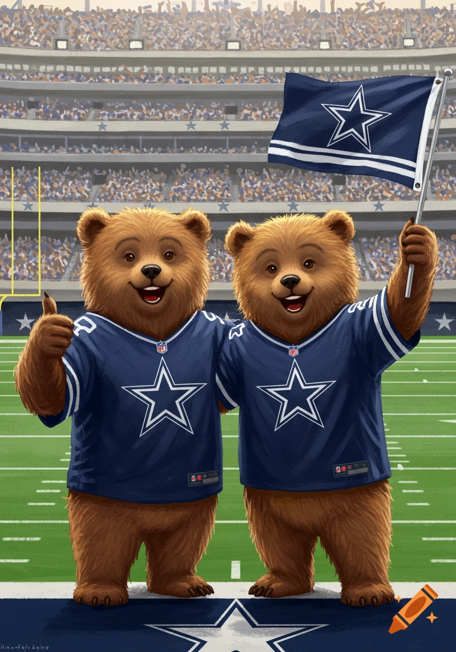Two cartoon bears in Dallas Cowboys jerseys at a football stadium, one with thumbs-up, one waving a flag.