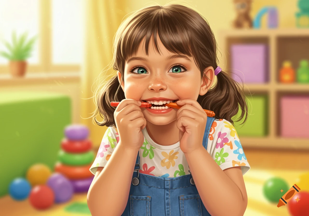 A young girl smiling with a crayon in her mouth in a playroom. Digital illustration.