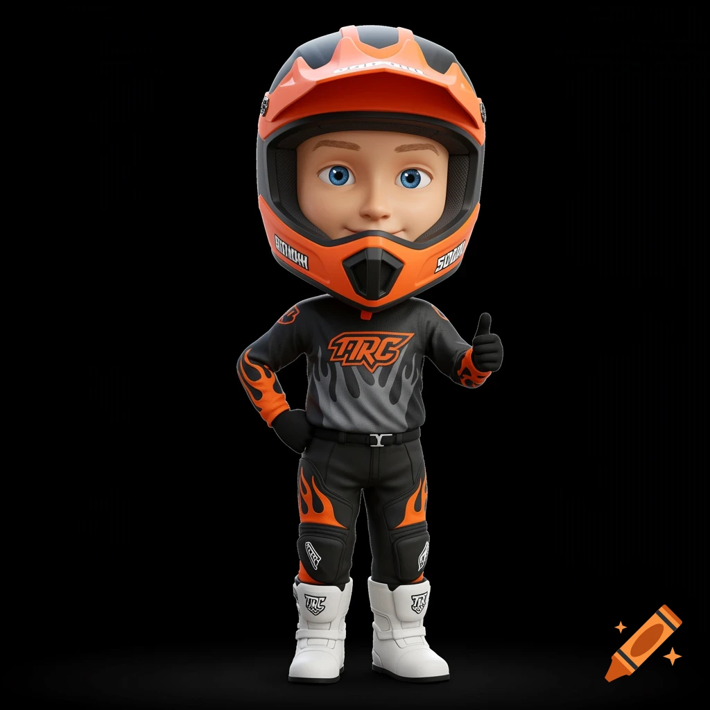 3D render of a cartoon bobblehead boy in orange and black motocross gear giving a thumbs up.