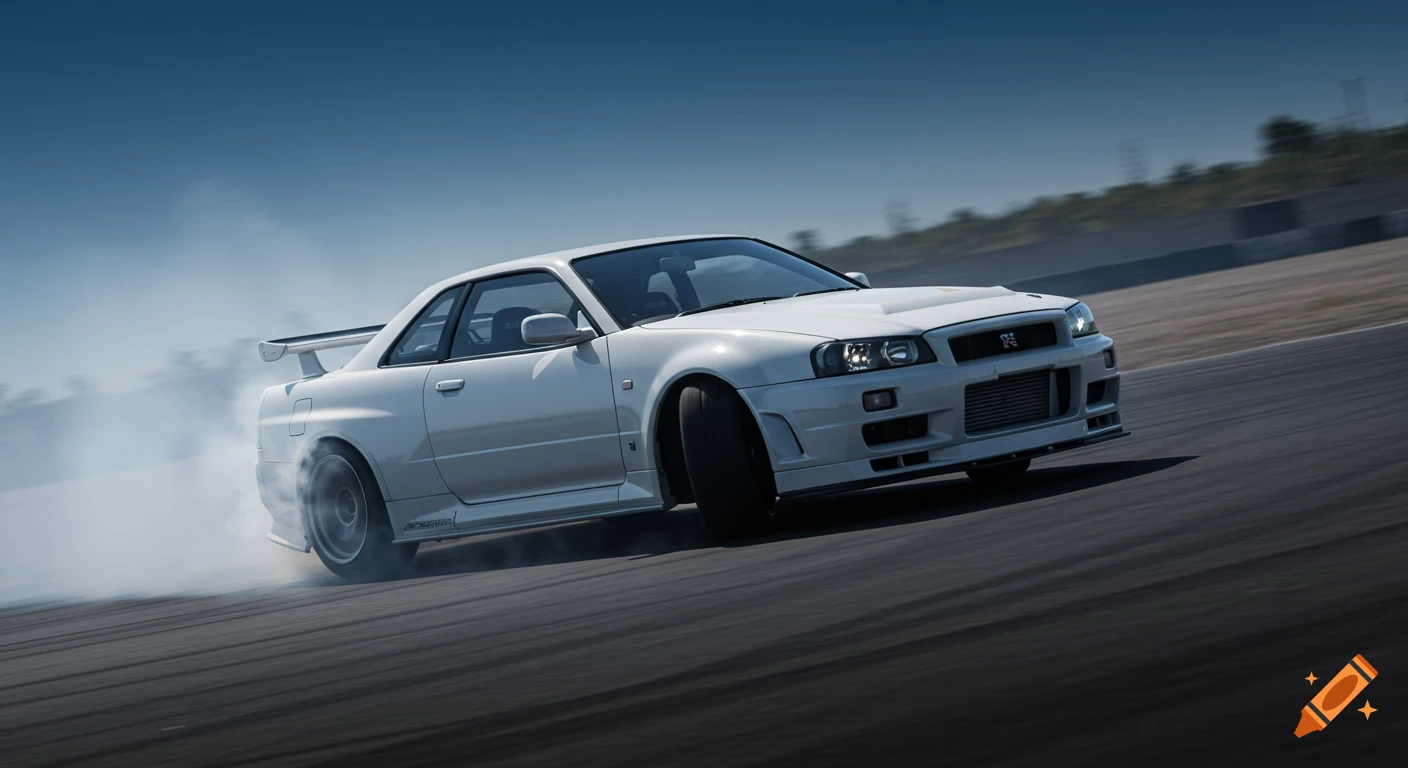 White Nissan Skyline R34 drifts on a track, producing smoke. Photorealistic style.