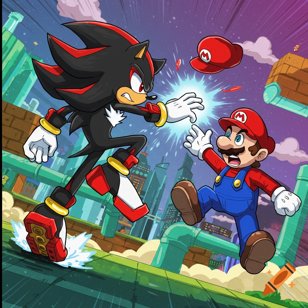 Shadow the Hedgehog faces Mario with an energy blast, set against a city background in a cartoon style.