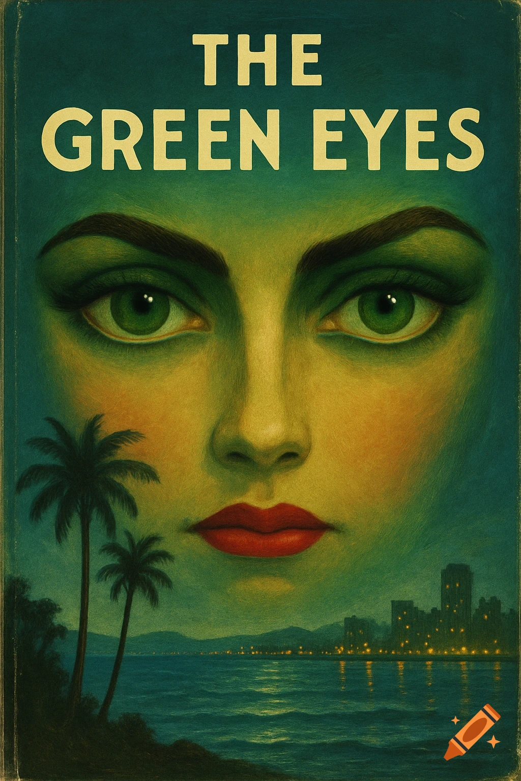 Vintage style book cover with a woman's face, green eyes, red lips, overlooking palm trees, ocean, and a city skyline. Text reads "THE GREEN EYES".