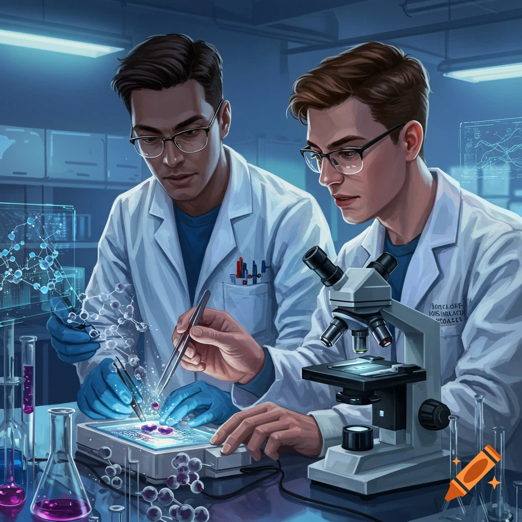 Two male scientists in lab coats working with molecular structures on a tablet in a laboratory, illustrated style.