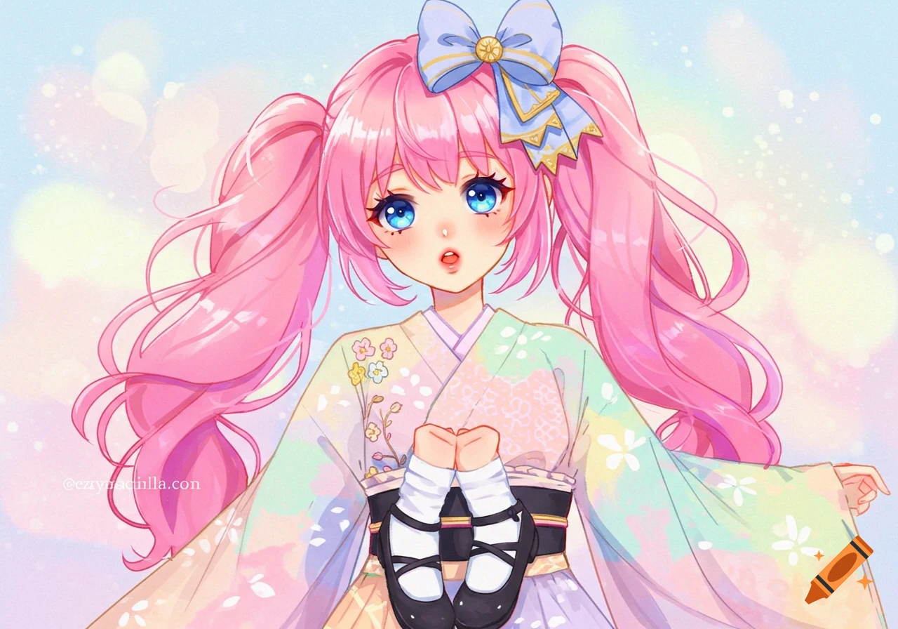 An anime girl with pink hair and blue eyes wears a colorful kimono