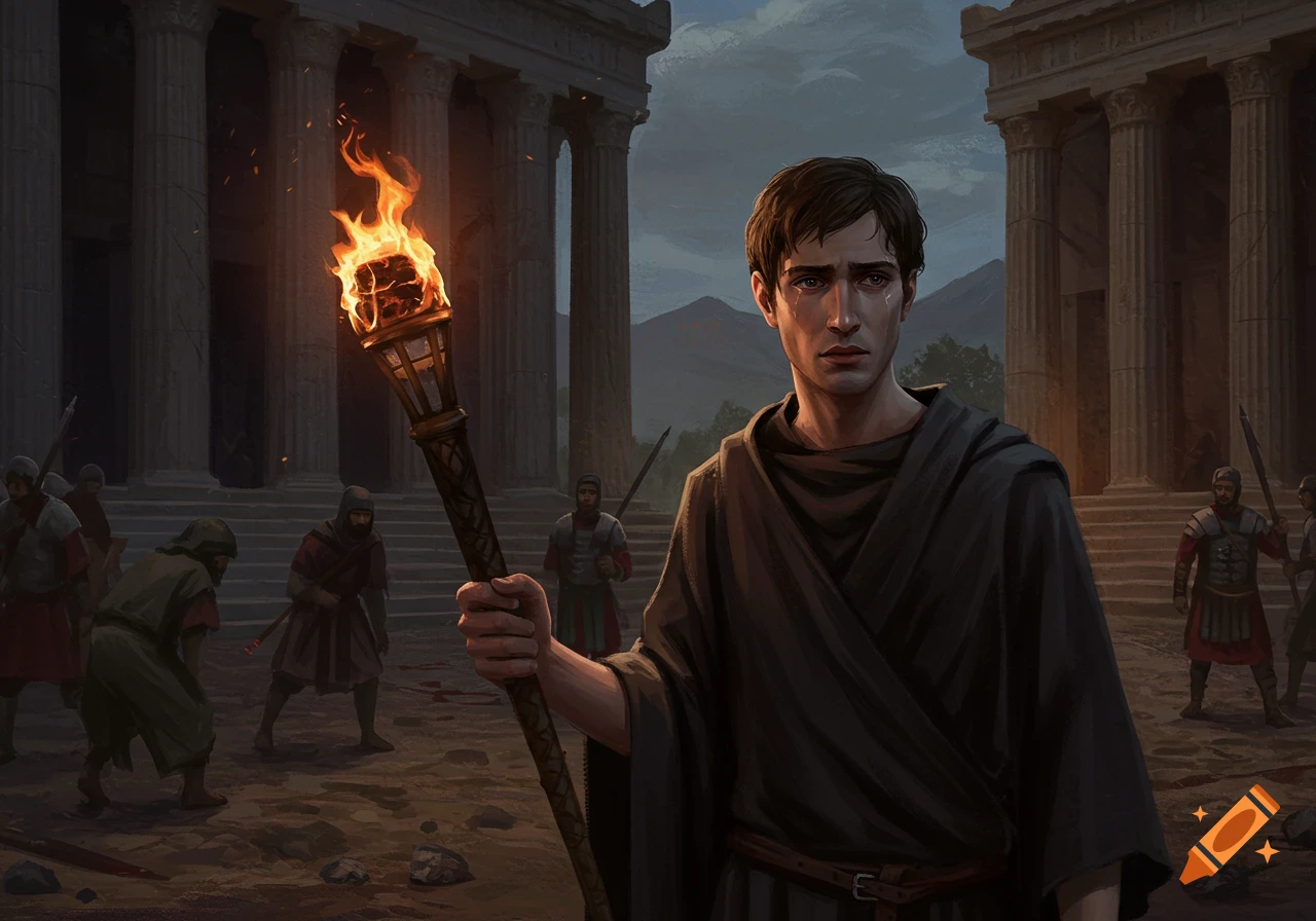 Dramatic historical painting of a young man with a torch near Roman ruins with soldiers in the background.