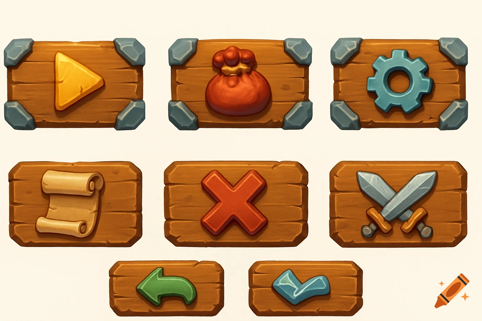 Seven stylized fantasy game buttons on wood: play, shop, settings, scroll, exit, back, duel.