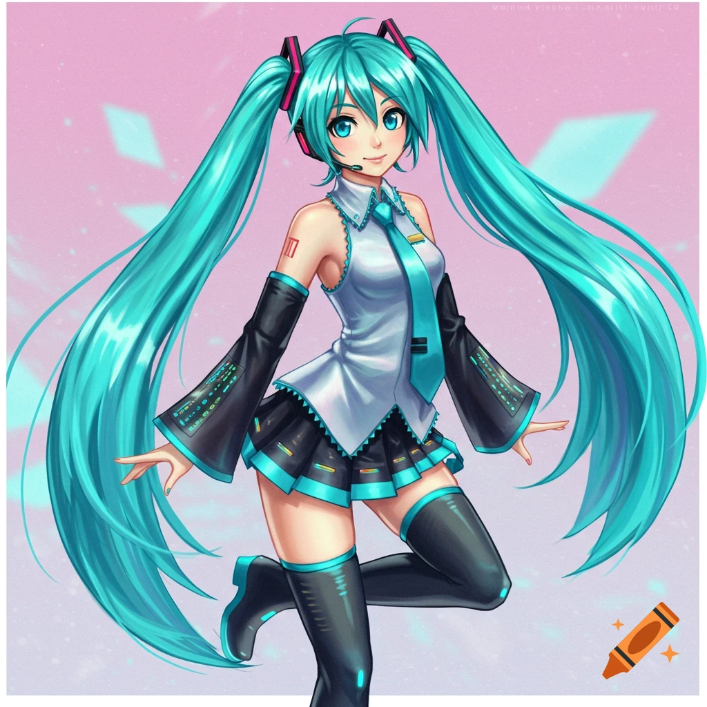 Anime illustration of Hatsune Miku with long turquoise pigtails, in her signature uniform, on a pink background.