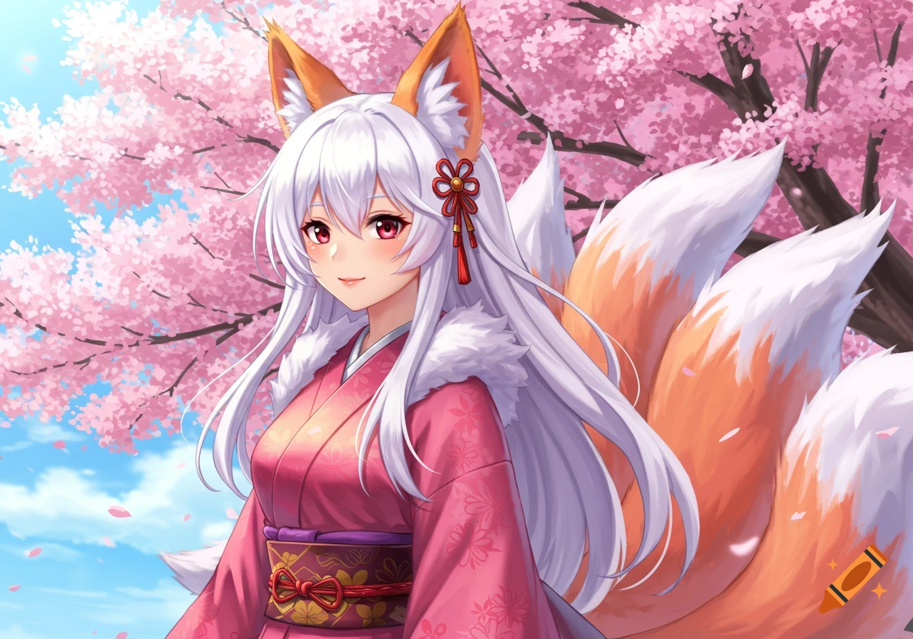 Anime girl with white hair, fox ears, and multiple tails wearing a pink kimono under cherry blossoms.
