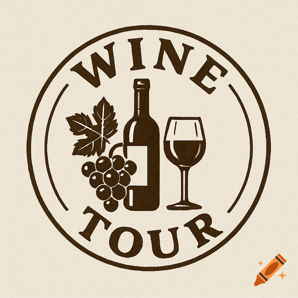 Vintage style wine tour logo with bottle, glass, and grapes.