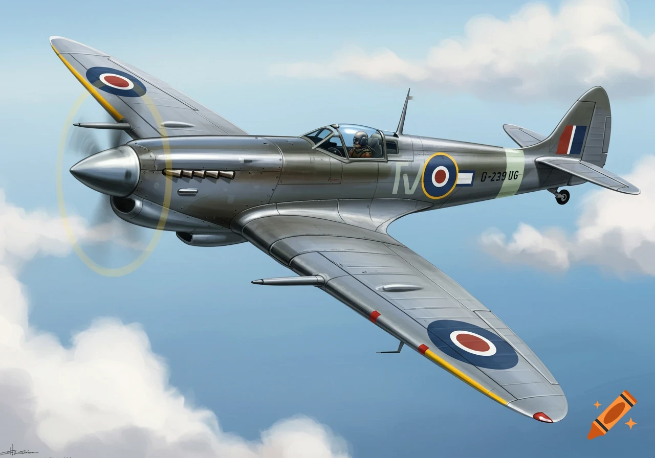 Illustration of a grey airplane, blending Hughes H-1 and Spitfire features, flying among clouds.