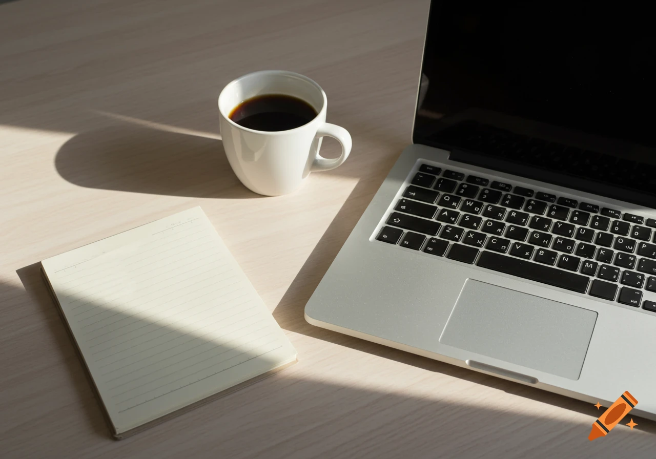 Flat lay of a laptop, notebook, and coffee cup on a wooden desk in morning light.