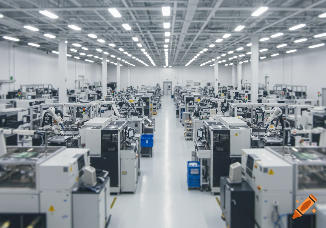 Inside a bright, clean cpu fabricator factory with rows of robotic machinery, rendered in a tilt-shift style.