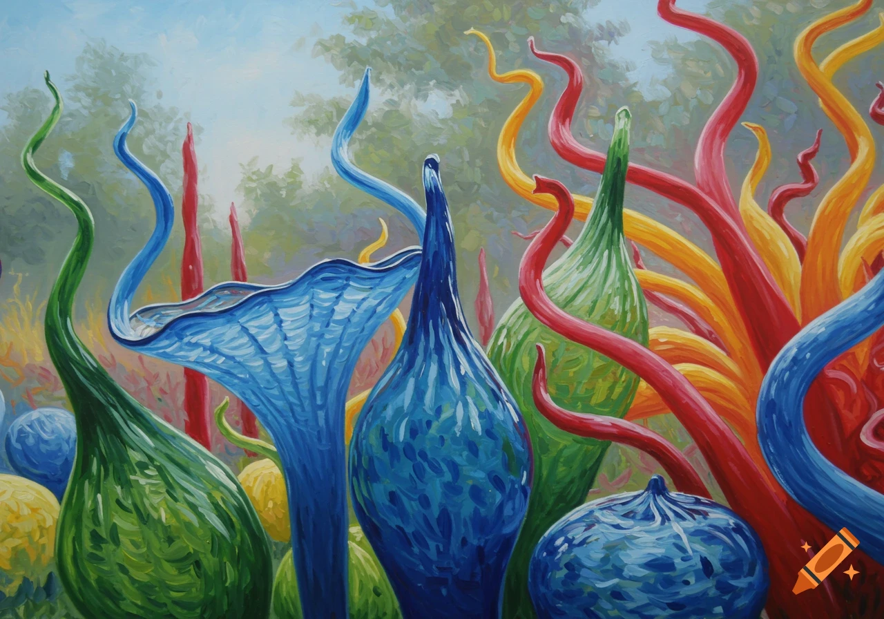 Impressionistic painting of colorful glass sculptures