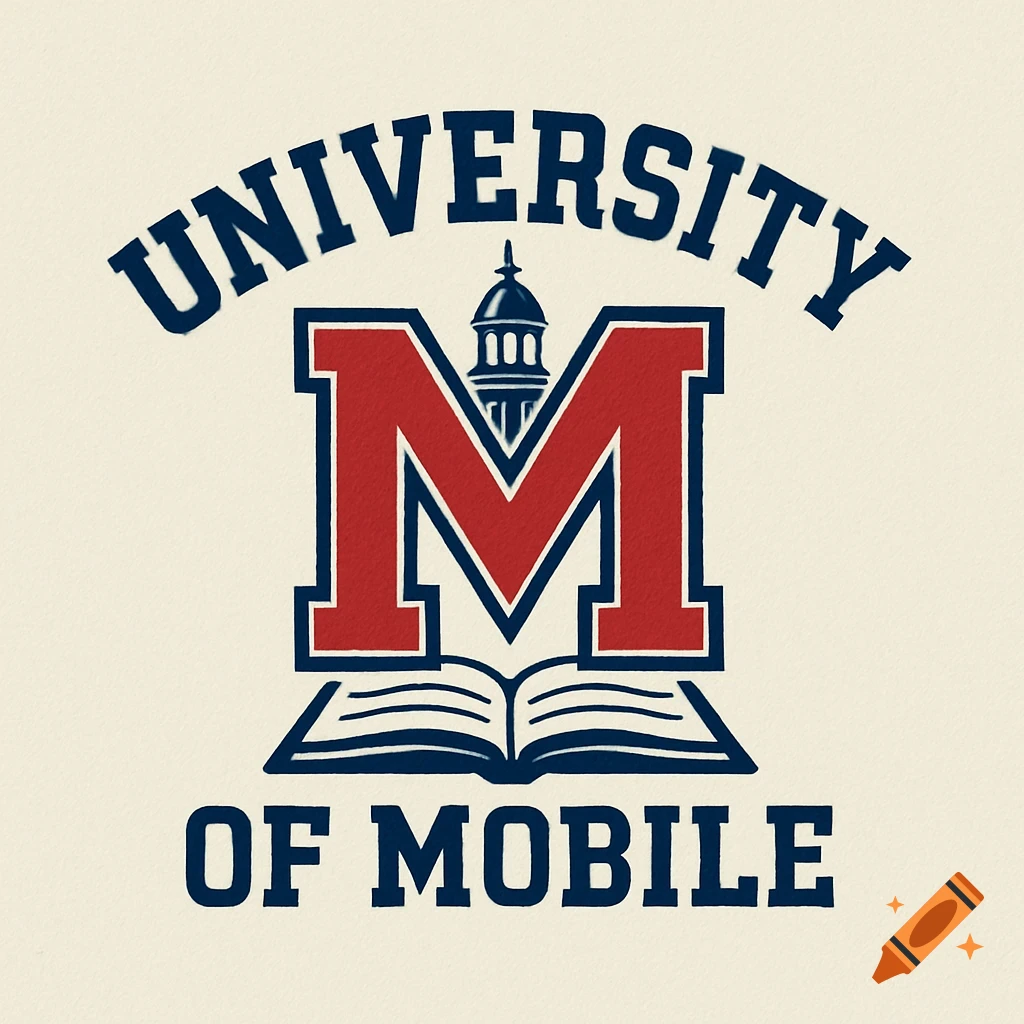 University of Mobile logo with red and blue text and emblem featuring an M, building, and book.