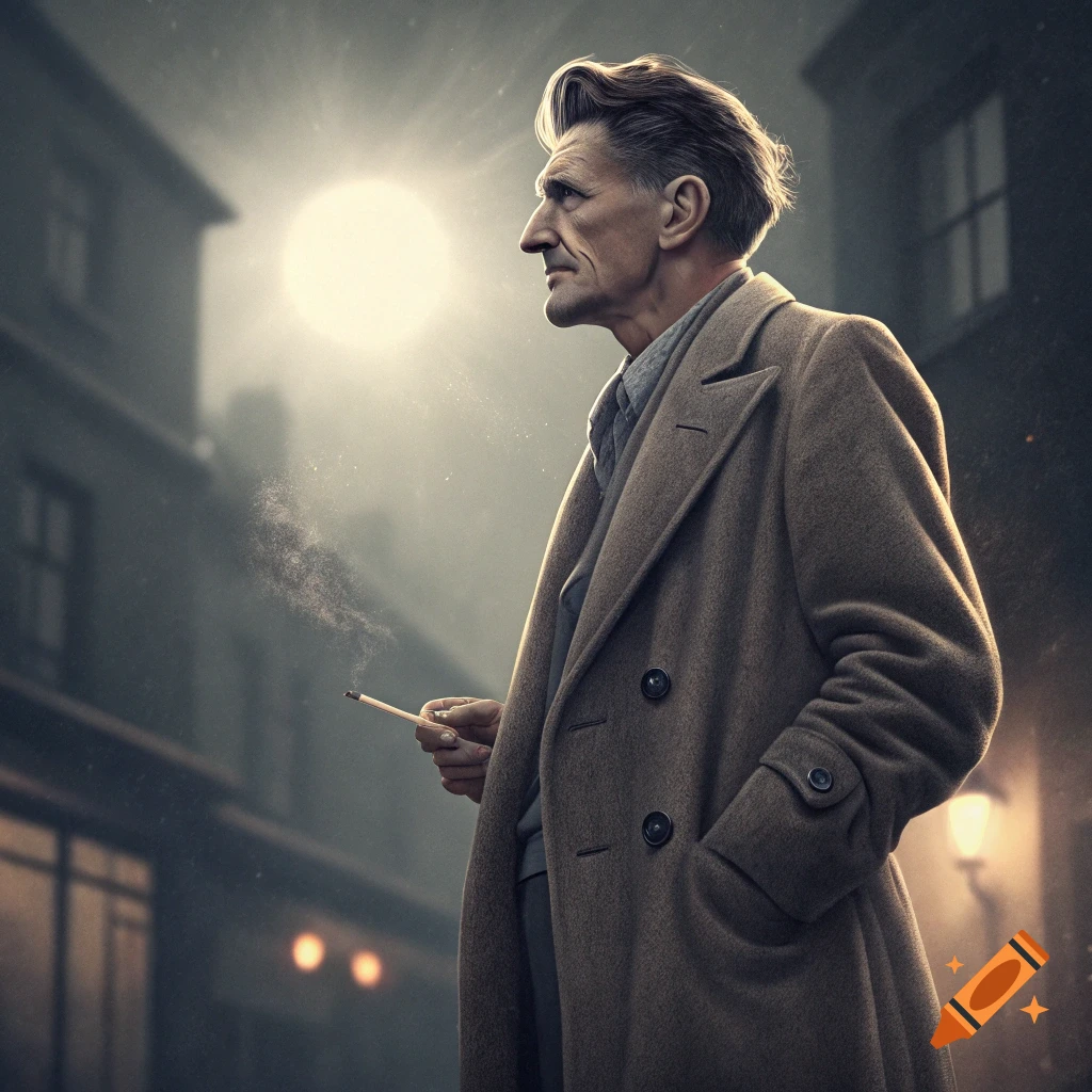 A man in a trench coat holds a cigarette and looks away, illuminated by a bright light in a moody city street.