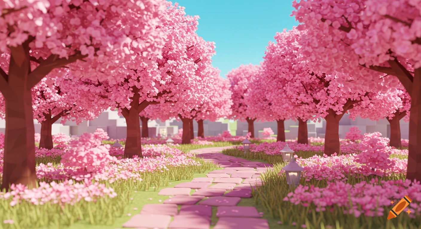 A stone path winding through a low-poly forest filled with pink cherry blossom trees.