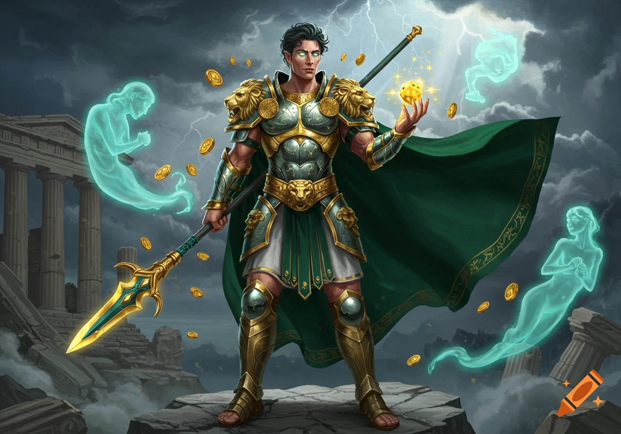 Greek god Tychandros in armor with spear and dice, surrounded by ghosts at stormy ruins