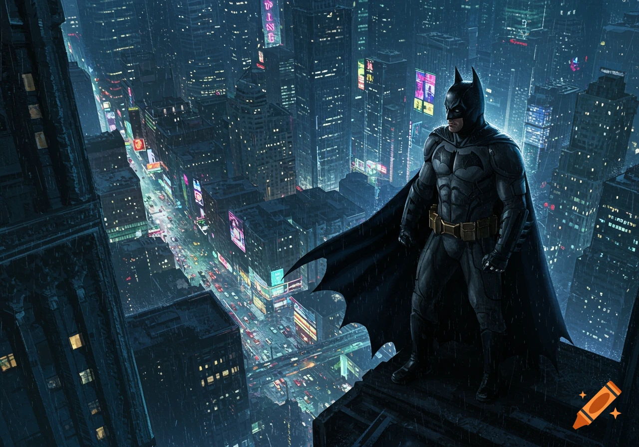 Batman stands on a rooftop overlooking a dark, rainy city.