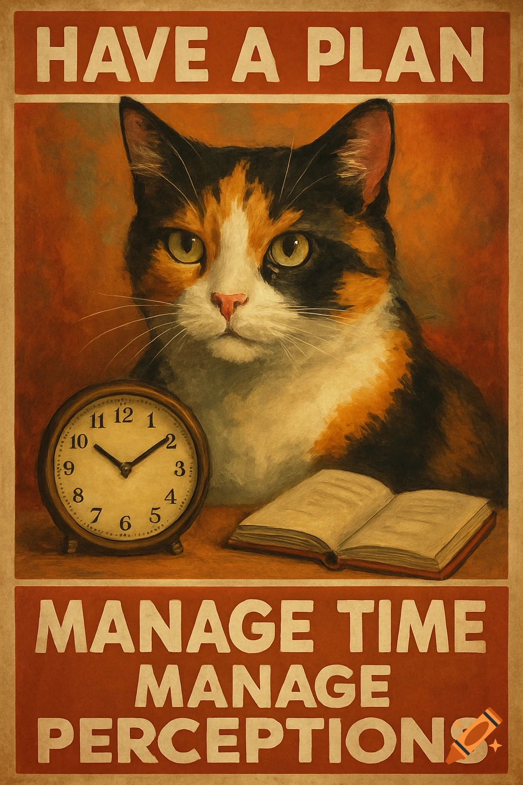 Painterly poster of a calico cat, clock, and open book, with text 'HAVE A PLAN' and 'MANAGE TIME MANAGE PERCEPTIONS'.