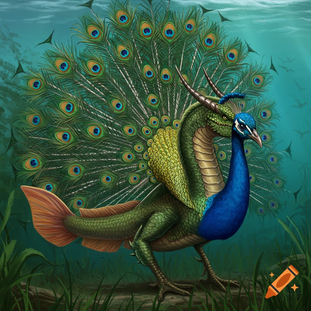 Mythical creature with a dragon head, peacock body, and fish tail stands in shallow water.