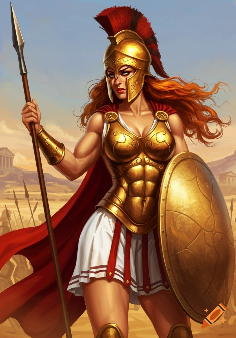 A warrior woman in golden armor holds a spear and shield on a battlefield.