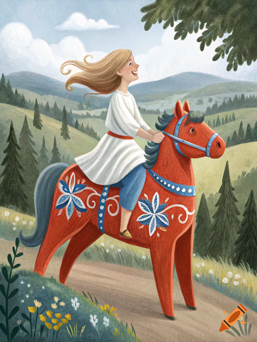 A girl rides a decorative red horse through a landscape in an illustration.