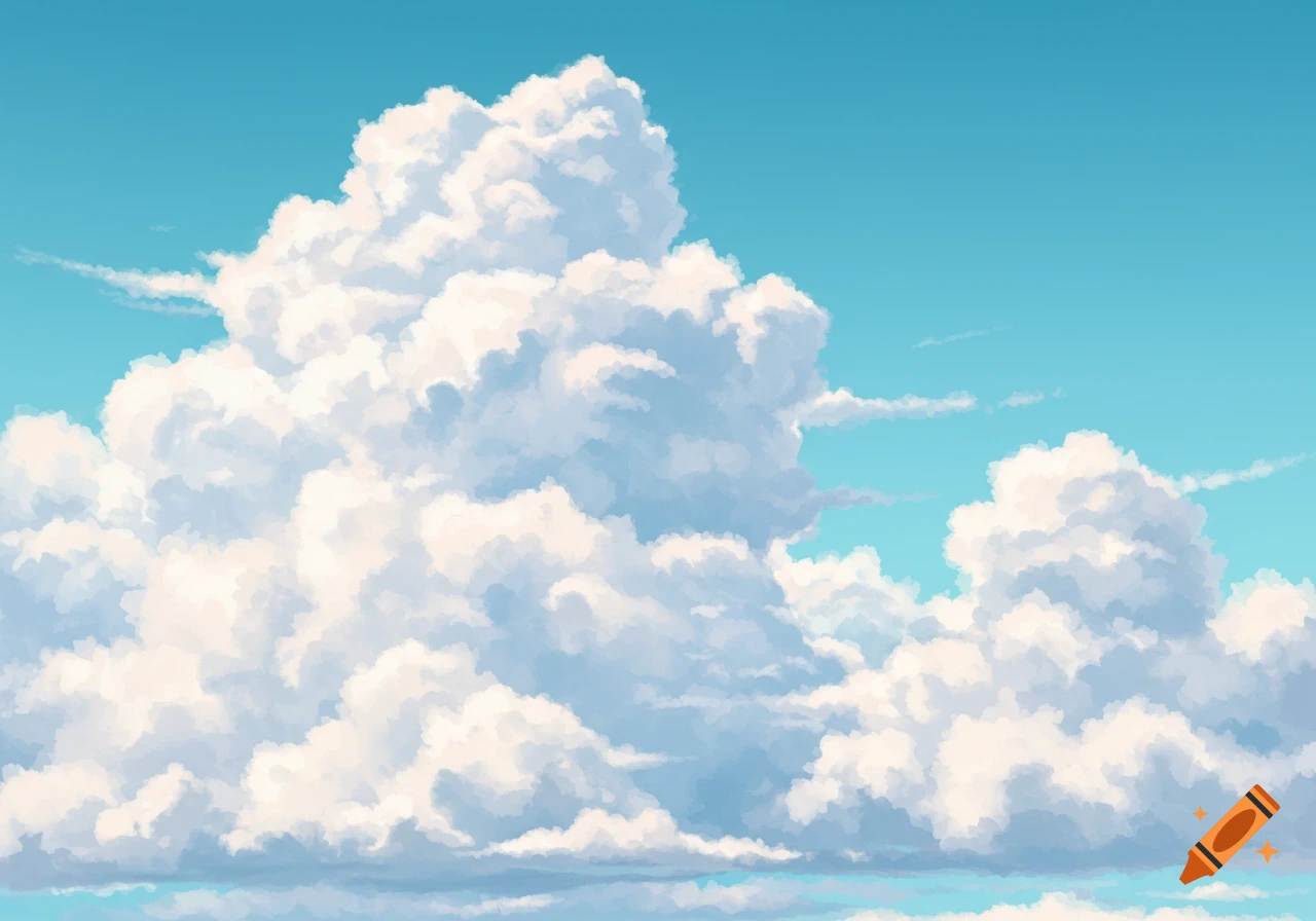 White fluffy clouds in a blue sky, painterly style.