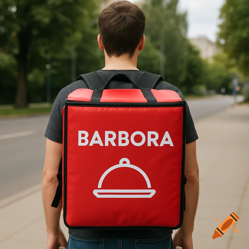 Back of a person wearing a red Barbora food delivery backpack on a sidewalk.
