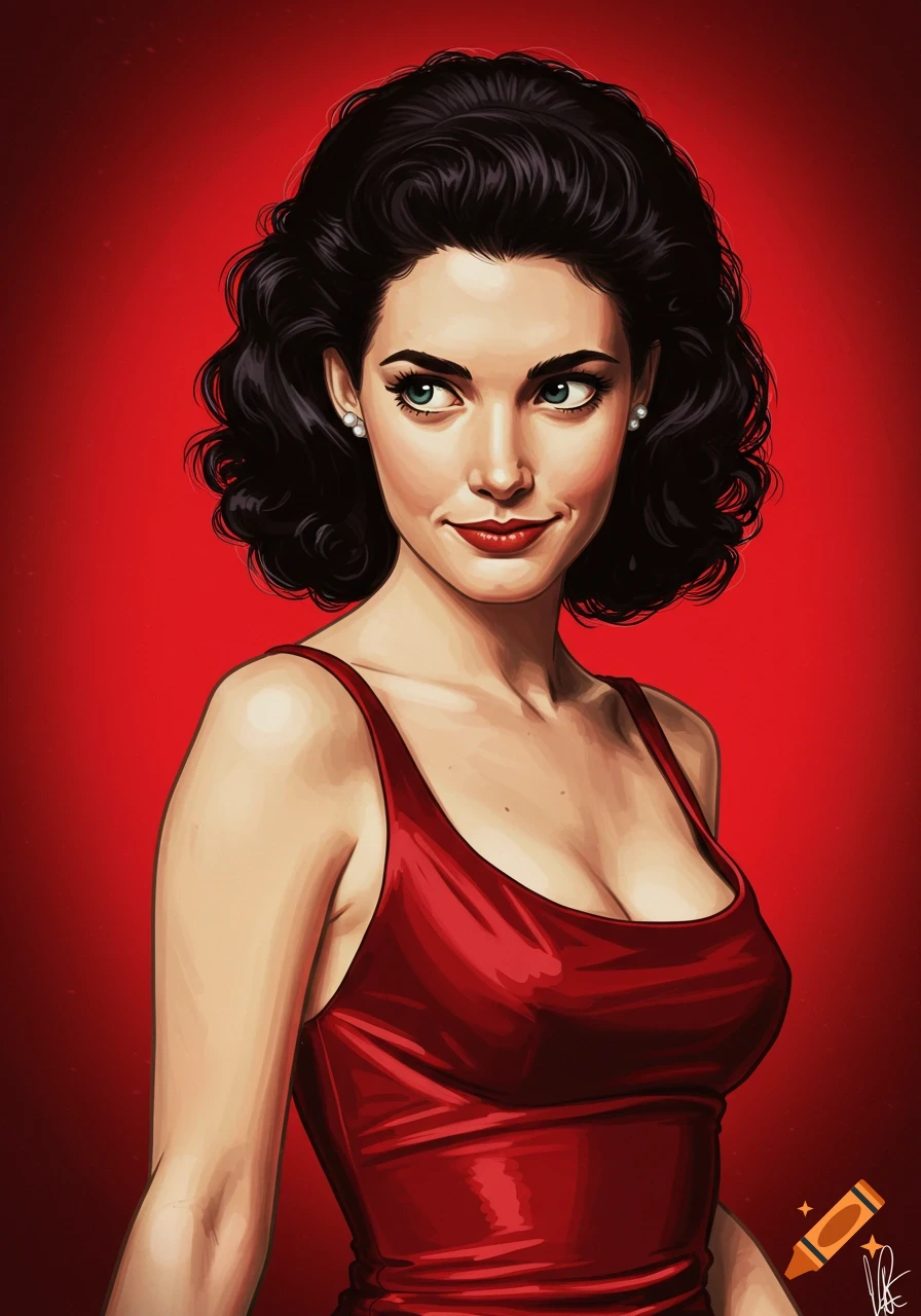 Illustration of a woman in a red dress against a red background.