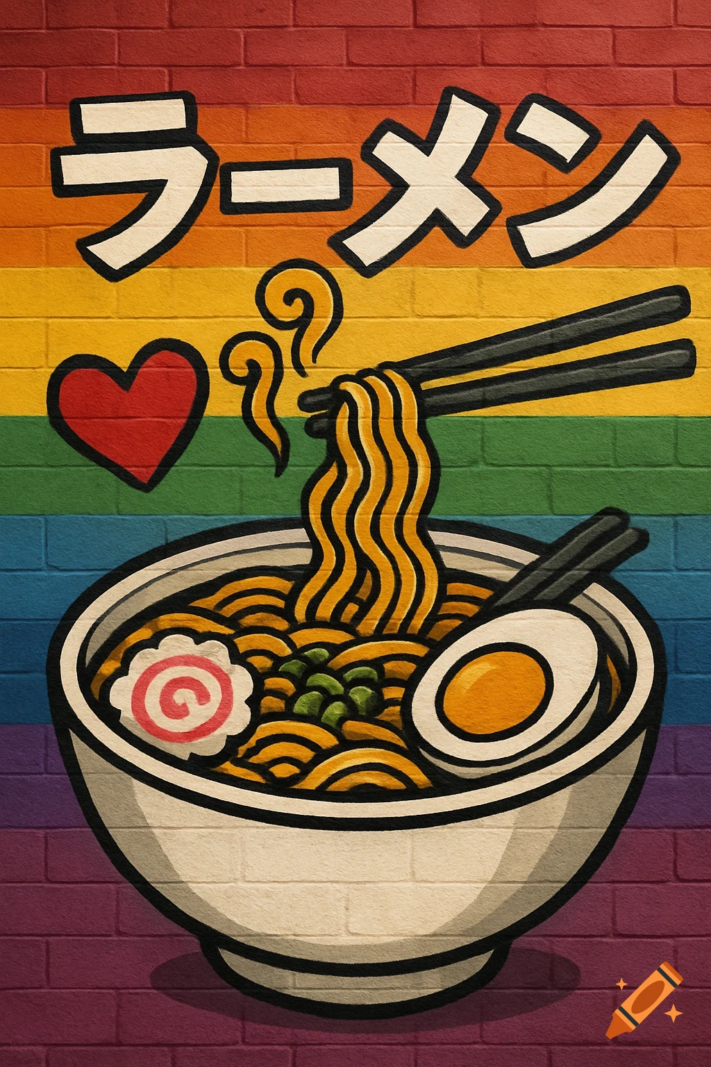 Cartoon ramen bowl with chopsticks on a rainbow pride flag mural with Japanese text.
