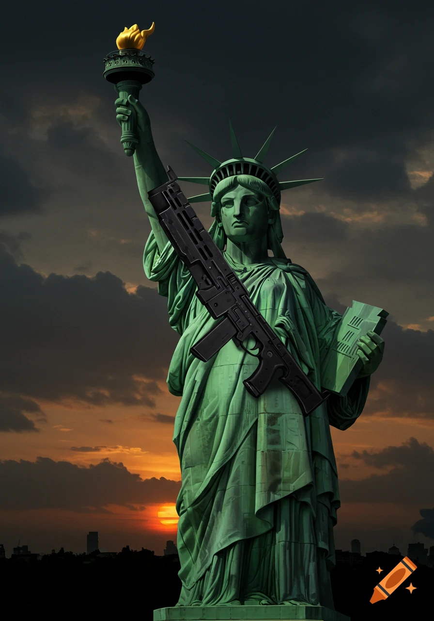 The Statue of Liberty holds a large rifle instead of her torch against a sunset background.
