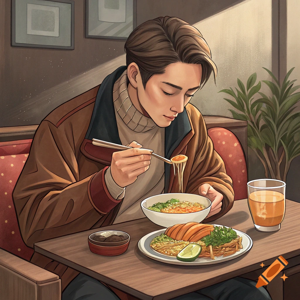 Anime illustration of a person eating ramen at a table