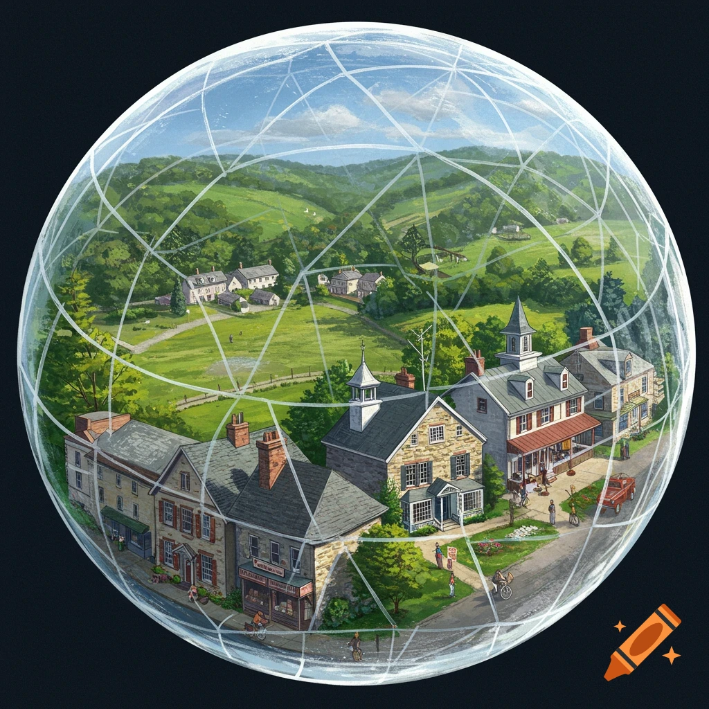 Illustration of a small town street and green hills contained within a clear sphere or dome.