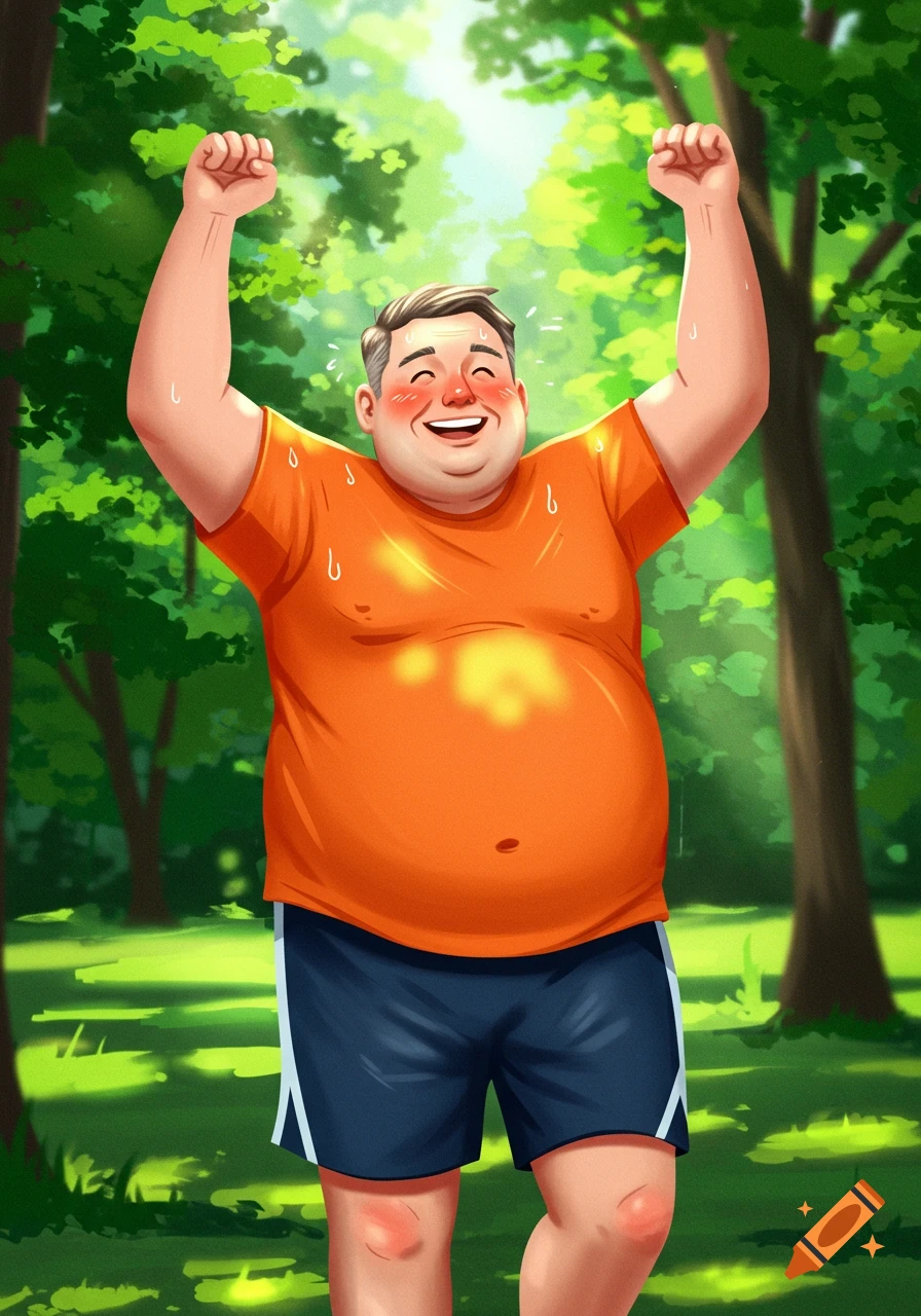 Overweight man in orange shirt and shorts celebrates exercising outdoors in an illustration.