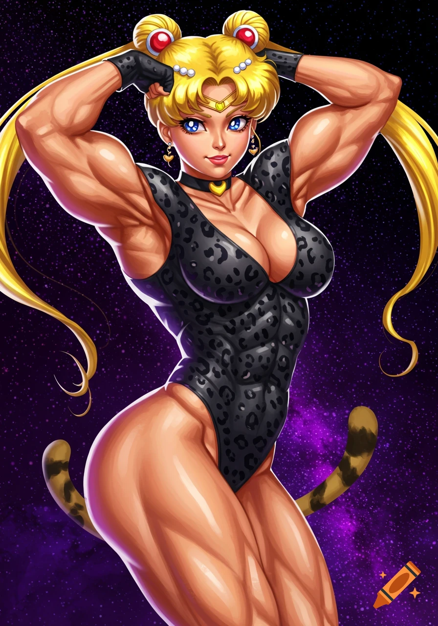 Muscular Sailor Moon in a black cheetah print leotard poses against a starry purple background.
